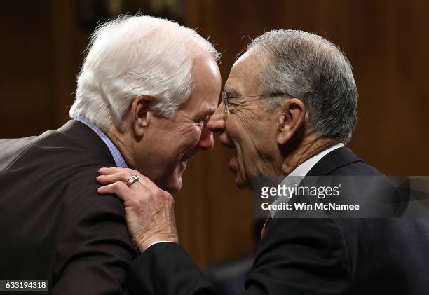 Committee Chairman Sen. Chuck Grassley confers with Sen. John Cornyn during the Senate Judiciary Committee's 'markup' on the nomination of Sen. Jeff...
