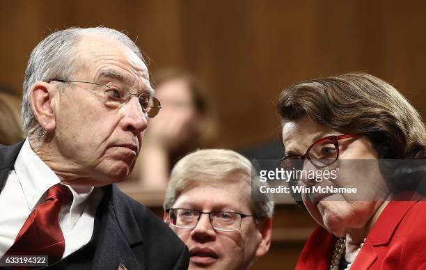 Committee Chairman Sen. Chuck Grassley confers with ranking member Sen. Dianne Feinstein during the Senate Judiciary Committee's 'markup' on the...