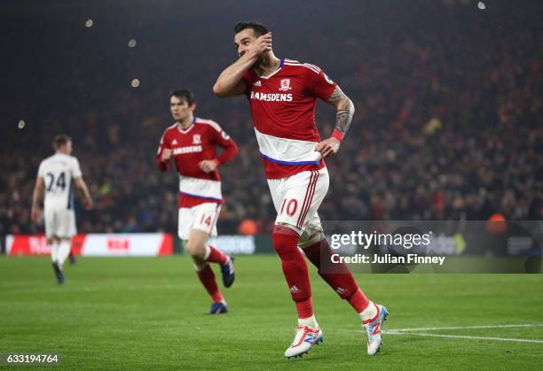 Alvaro Negredo of Middlesbrough celebrates scoring his side's first goal to make it 1-1 from the penalty spot during the Premier League match between...