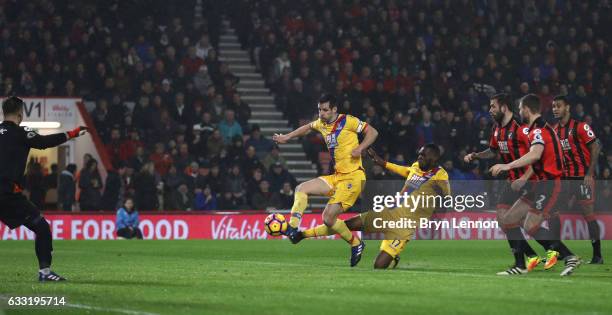 Scott Dann of Crystal Palace scores the opening goal during the Premier League match between AFC Bournemouth and Crystal Palace at Vitality Stadium...