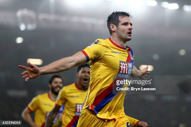 Scott Dann of Crystal Palace celebrates scoring the opening goal during the Premier League match between AFC Bournemouth and Crystal Palace at...