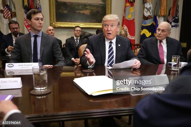 President Donald Trump delivers remarks at the beginning of a meeting with his son-in-law and Senior Advisor Jared Kushner , Homeland Security...