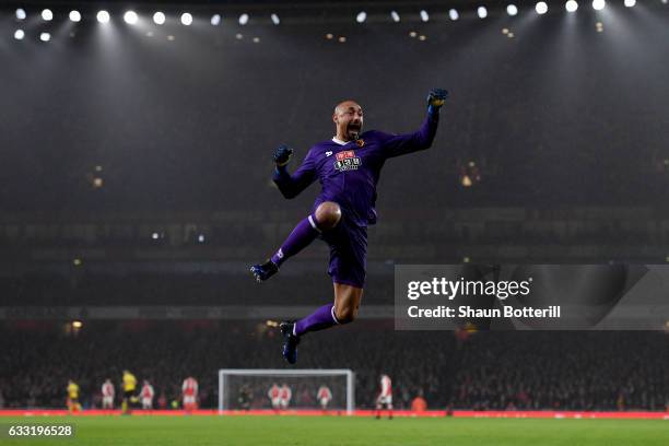 Heurelho Gomes of Watford celebrates a goal during the Premier League match between Arsenal and Watford at Emirates Stadium on January 31, 2017 in...