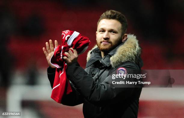 New Bristol City signing Matty Taylor poses with his shirt at half time after being unveiled to his new fans after moving from rivals Bristol Rovers...