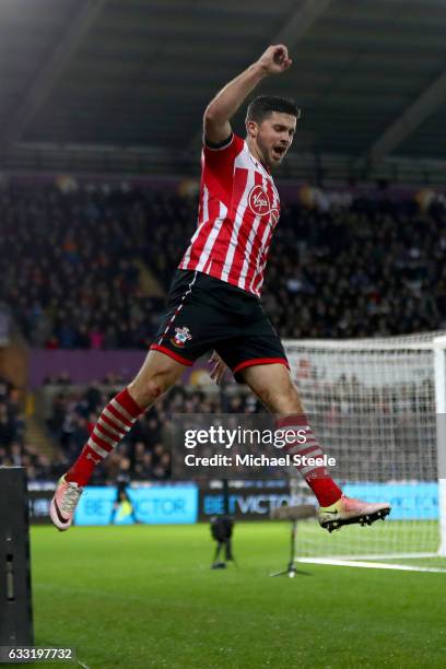 Shane Long of Southampton celebrates scoring his side's first goal during the Premier League match between Swansea City and Southampton at Liberty...