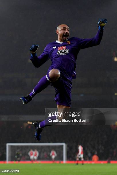 Heurelho Gomes of Watford celebrate a goal during the Premier League match between Arsenal and Watford at Emirates Stadium on January 31, 2017 in...