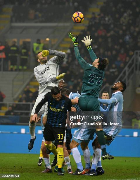 Samir Handanovic of FC Internazionale and Federico Marchetti of SS Lazio compete for the ball during the TIM Cup match between FC Internazionale and...