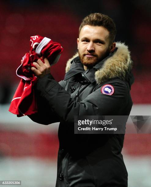 New Bristol City signing Matty Taylor poses with his shirt at half time after being unveiled to his new fans after moving from rivals Bristol Rovers...