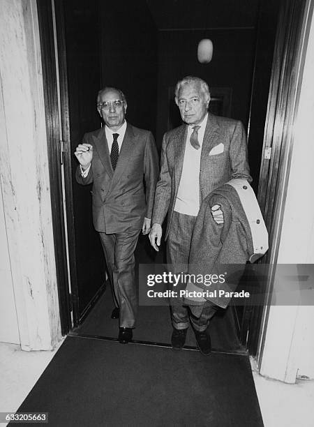 Italian Minister of Foreign Affairs, Emilio Colombo with Italian industrialist Gianni Agnelli , president of vehicle manufacturer, Fiat, 1983.