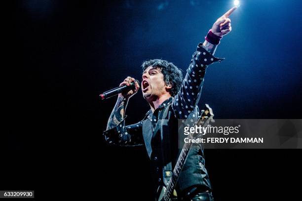 Musician Billie Joe Armstrong of punk rock band Green Day performs on stage at the Ziggo Dome in Amsterdam on January 31, 2017. / AFP / ANP / Ferdy...