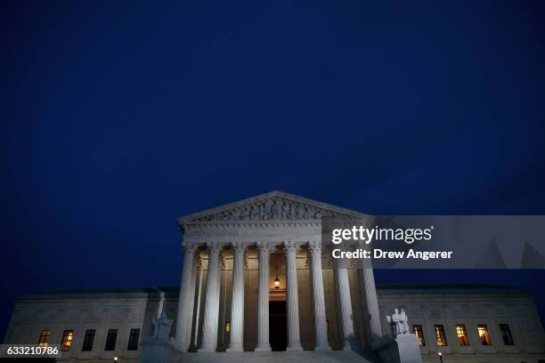 View of the Supreme Court at dusk, January 31, 2017 in Washington, DC. President Donald Trump will announce his nominee for the Supreme Court on...