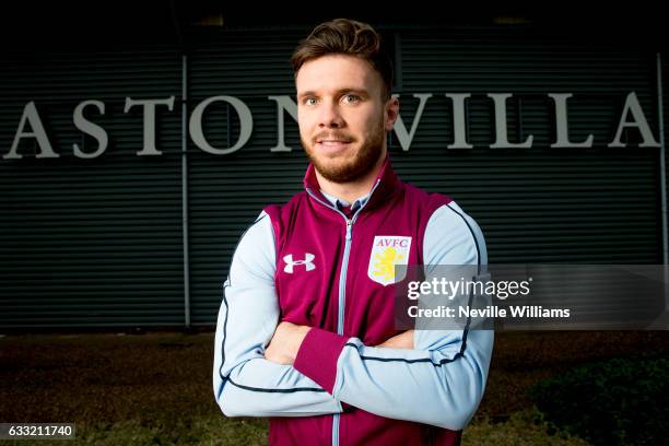 New signing Scott Hogan of Aston Villa poses for a picture at the club's training ground at Bodymoor Heath on January 31, 2017 in Birmingham, England.