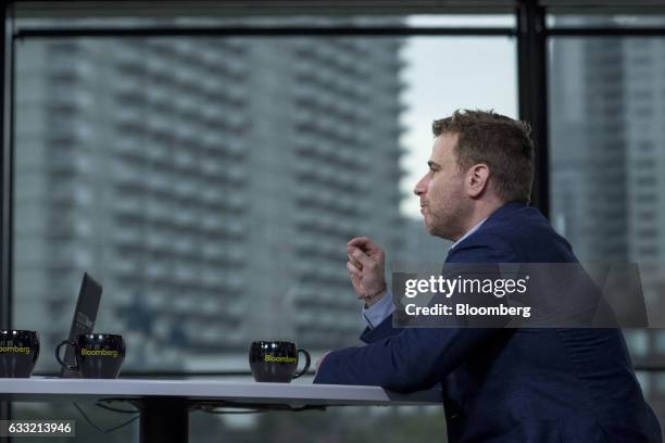 Stewart Butterfield, co-founder and chief executive officer of Slack Technologies Inc., speaks during a Bloomberg Technology television interview in...