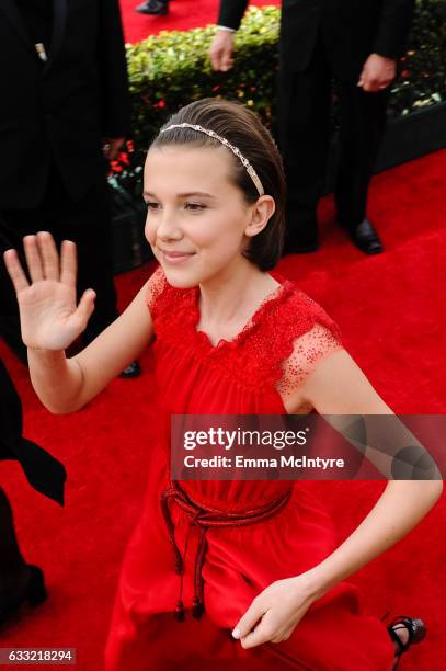 Actress Millie Bobby Brown arrives at the 23rd annual Screen Actors Guild Awards at The Shrine Auditorium on January 29, 2017 in Los Angeles,...