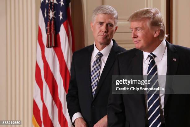 President Donald Trump nominates Judge Neil Gorsuch to the Supreme Court during a ceremony in the East Room of the White House January 31, 2017 in...