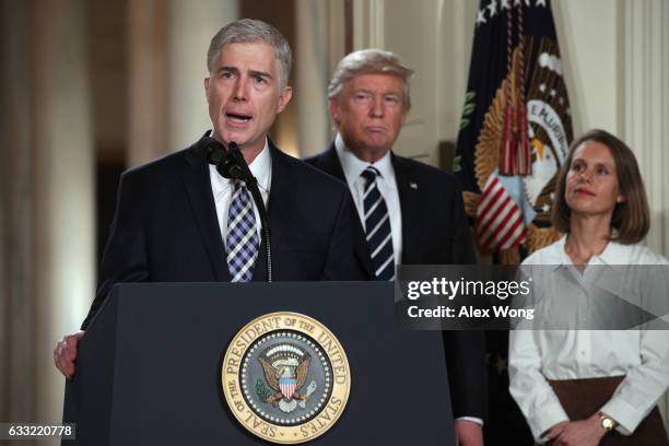 Judge Neil Gorsuch delivers brief remarks after being nominated by U.S. President Donald Trump to the Supreme Court with his wife Marie Louise...