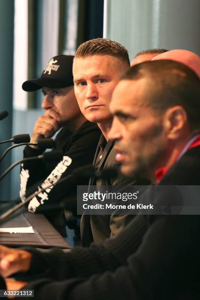 Danny Green and Anthony Mundine speak to media during the official press conference on February 1, 2017 in Adelaide, Australia.