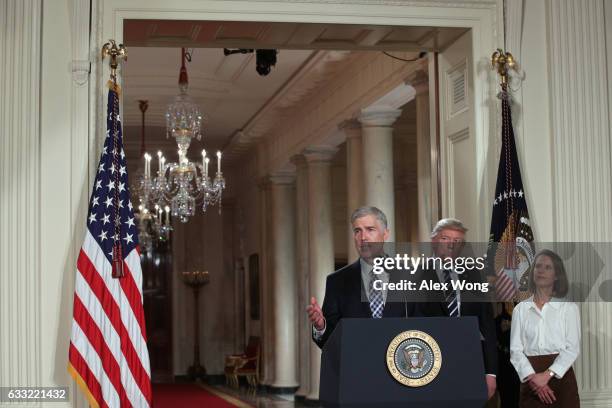 Judge Neil Gorsuch delivers brief remarks after being nominated by U.S. President Donald Trump to the Supreme Court with his wife Marie Louise...