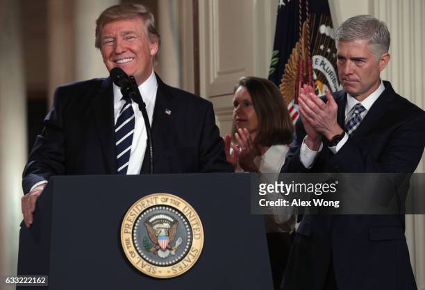 President Donald Trump nominates Judge Neil Gorsuch to the Supreme Court during a ceremony in the East Room of the White House January 31, 2017 in...