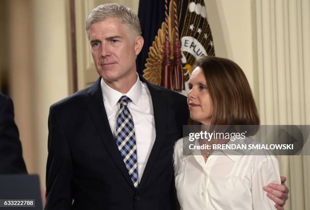 Judge Neil Gorsuch and his wife Marie Louise look on, after US President Donald Trump nominated him for the Supreme Court, at the White House in...