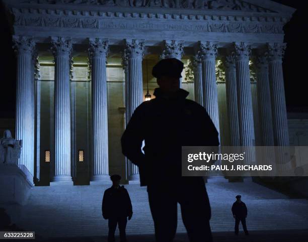 Police stand outside the US Supreme Court on January 31, 2017 in Washington, DC. President Donald Trump nominated federal appellate judge Neil...