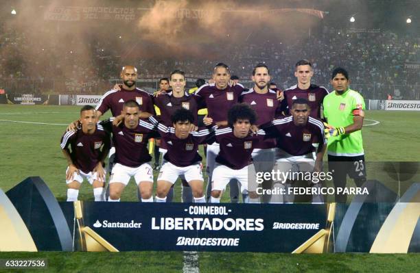 Venezuela's Carabobo FC football team players pose before their 2017 Copa Libertadores football match against Colombia's Junior at the Misael Delgado...