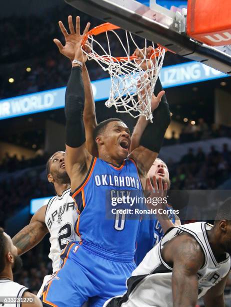 Russell Westbrook of the Oklahoma City Thunder screams while trying to dunk over the San Antonio Spurs at AT&T Center on January 31, 2017 in San...