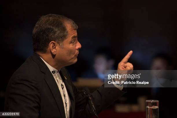 President of Ecuador Rafael Correa gestures during the conference 'Economy for Development Ecuador Case' at the Complutense University of Madrid on...