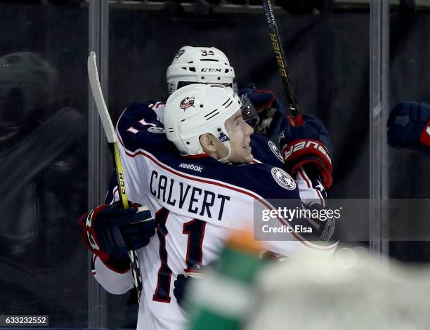 Matt Calvert of the Columbus Blue Jackets celebrates his goal with teammate Josh Anderson in the third period against the New York Rangers on January...