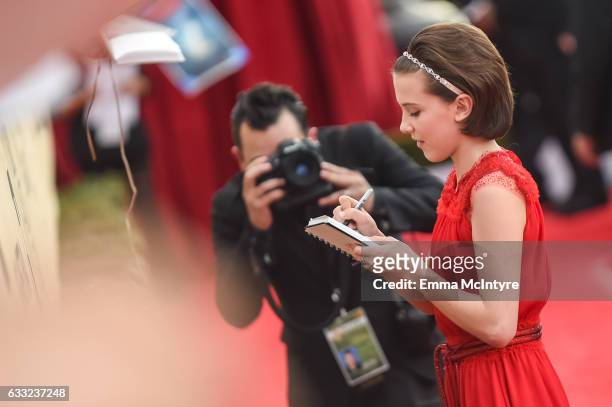 Actress Millie Bobby Brown arrives at the 23rd annual Screen Actors Guild Awards at The Shrine Auditorium on January 29, 2017 in Los Angeles,...