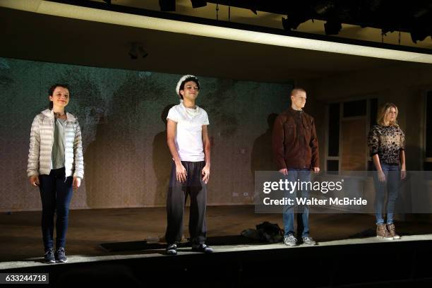 Stefania LaVie Owen, Justice Smith, Lucas Hedges and Ari Graynor during the 'Yen' Opening Night Curtain Call bows at the Lortel Theatre on January...