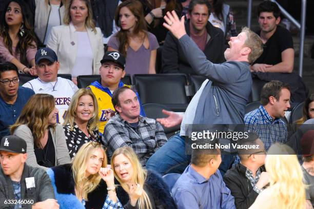 Jeanie Buss, Jay Mohr and John DiMaggio attend a basketball game between the Denver Nuggets and the Los Angeles Lakers at Staples Center on January...