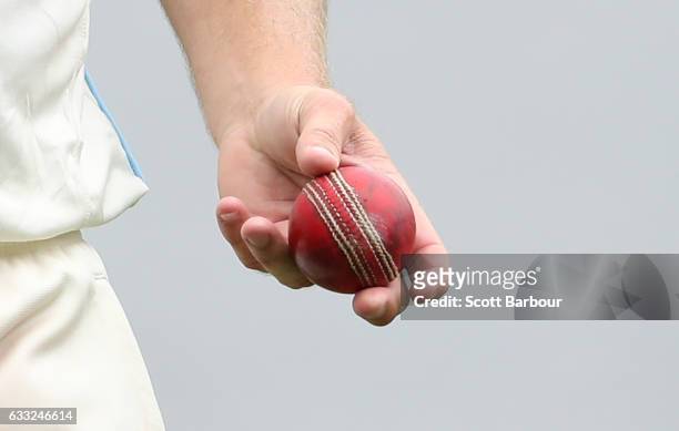 Detail as Doug Bollinger of New South Wales holds the Dukes ball during the Sheffield Shield match between Victoria and New South Wales at the...