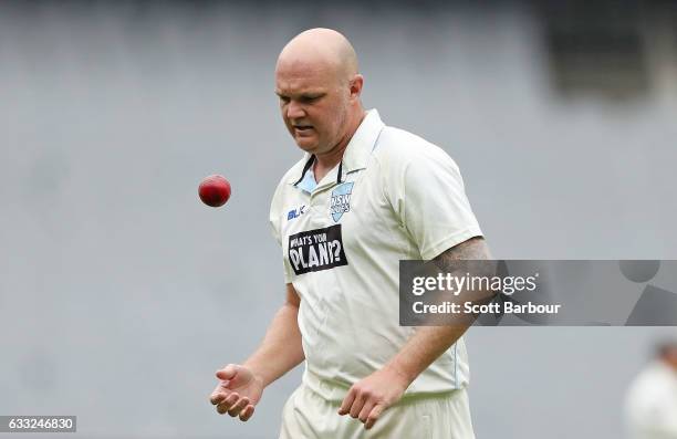 Detail as Doug Bollinger of New South Wales holds the Dukes ball during the Sheffield Shield match between Victoria and New South Wales at the...