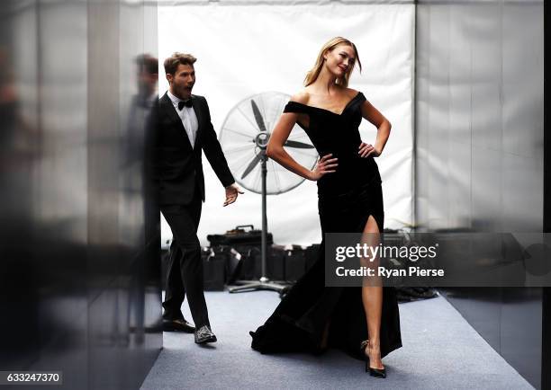 Model Jason Dundas and Model Karlie Kloss showcase designs by Rachel Gilbert during rehearsal ahead of the David Jones Autumn/Winter 2016 Fashion...