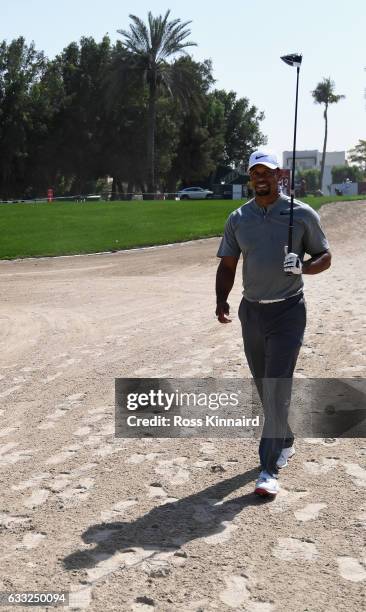 Tiger Woods of the USA walks off of the 18th tee during the pro-am event prior to the Omega Dubai Desert Classic at Emirates Golf Club on February 1,...