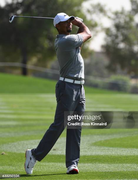 Tiger Woods of the USA on the 18th hole during the pro-am event prior to the Omega Dubai Desert Classic at Emirates Golf Club on February 1, 2017 in...