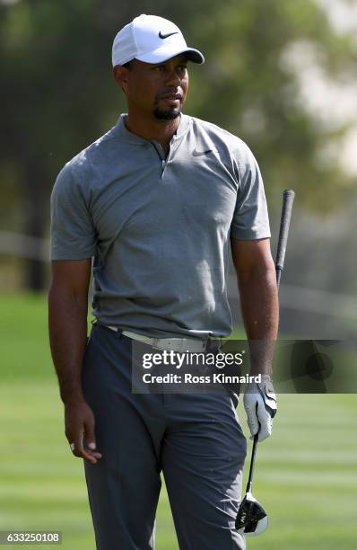 Tiger Woods of the USA on the 18th hole during the pro-am event prior to the Omega Dubai Desert Classic at Emirates Golf Club on February 1, 2017 in...