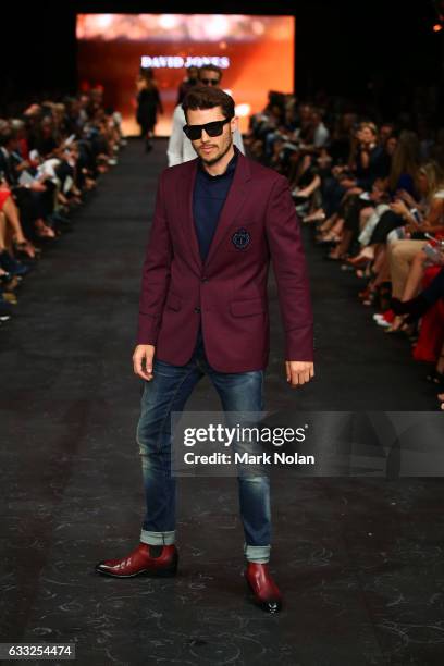 Jason Dundas showcases designs by Calibre on the runway at the David Jones Autumn Winter 2017 Collections Launch at St Mary's Cathedral Precinct on...