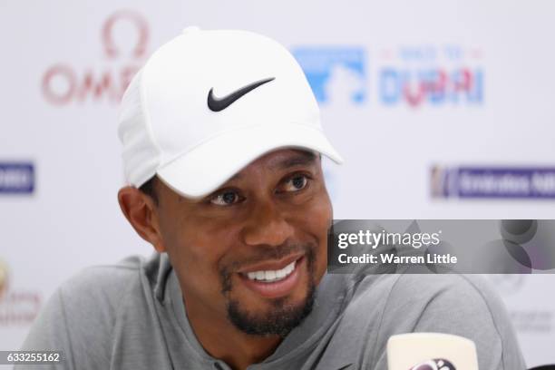 Tiger Woods of the USA addresses a press conference during the pro-am ahead of the Omega Dubai Desert Classic at Emirates Golf Club on February 1,...