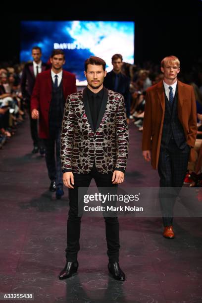 Jason Dundas showcases designs by Jack London on the runway at the David Jones Autumn Winter 2017 Collections Launch at St Mary's Cathedral Precinct...