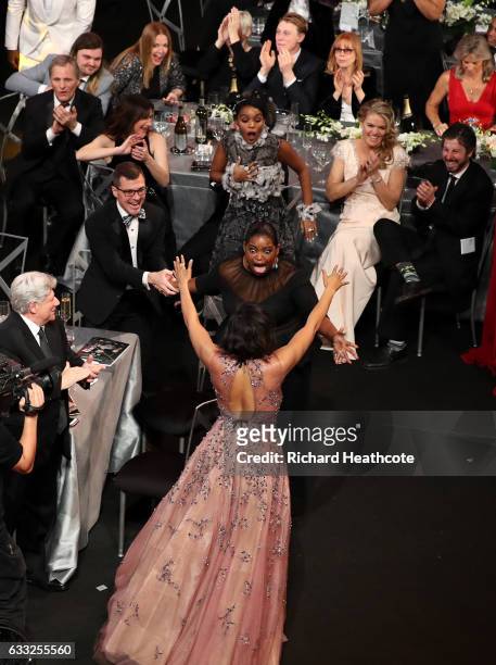 Actors Taraji P. Henson, Octavia Spencer and Janelle Monae react to winning an award during The 23rd Annual Screen Actors Guild Awards at The Shrine...