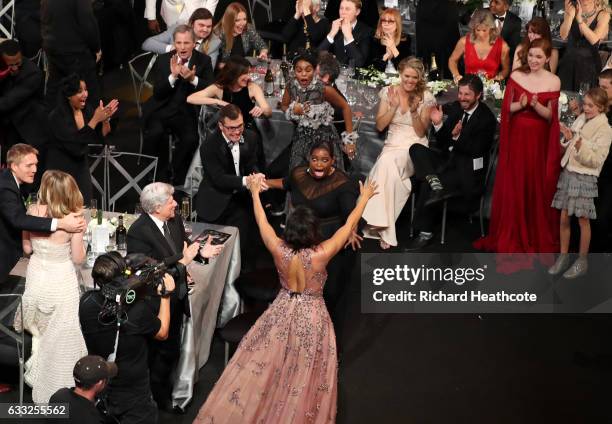 Actors Taraji P. Henson, Octavia Spencer and Janelle Monae react to winning an award during The 23rd Annual Screen Actors Guild Awards at The Shrine...