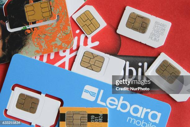Different types of Polish SIM cards are seen on 1 February 2017 in Gdynia, Poland. February 1st, is the last day that owners of pre-paid SIM cards in...