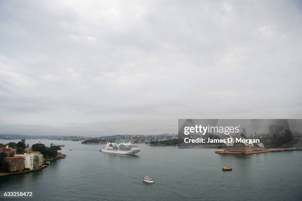 The cruise ship, Seabourn Encore passes the Sydney Opera House as she arrives into the harbour on February 1, 2017 in Sydney, Australia. The world's...