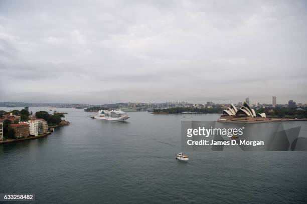The cruise ship, Seabourn Encore passes the Sydney Opera House as she arrives into the harbour on February 1, 2017 in Sydney, Australia. The world's...