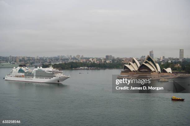 The cruise ship, Seabourn Encore passes the Sydney Opera House as she arrives into the harbour on February 1, 2017 in Sydney, Australia. The world's...