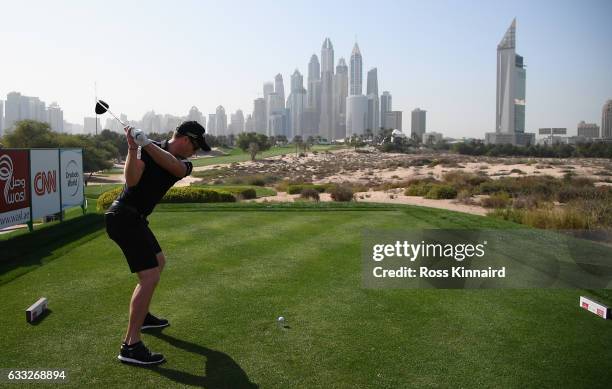 Danny Willett of England on the 8th tee during the pro-am event prior to the Omega Dubai Desert Classic at Emirates Golf Club on February 1, 2017 in...