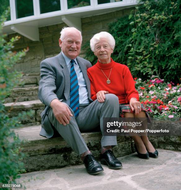 Former Preston North End and England footballer Sir Tom Finney, with his wife Lady Elsie, in the garden of their home in Preston, circa 1998.