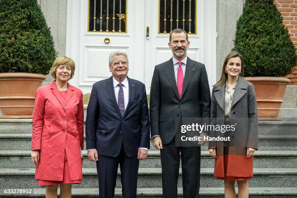 In this handout photo provided by the German Government Press Office , King Felipe of Spain and Queen Letizia of Spain receive President of Germany,...